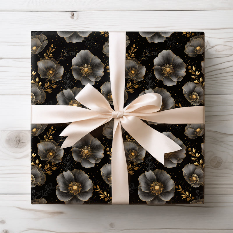 Midnight Poppetide – Gold and black foil poppy flower seamless wrapping paper