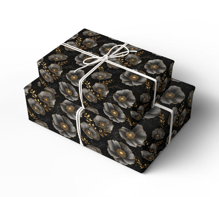Midnight Poppetide – Gold and black foil poppy flower seamless wrapping paper