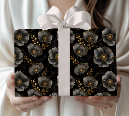 Midnight Poppetide – Gold and black foil poppy flower seamless wrapping paper
