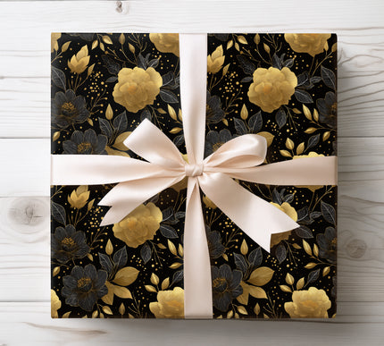 Elegant black and gold foil floral seamless wrapping paper 