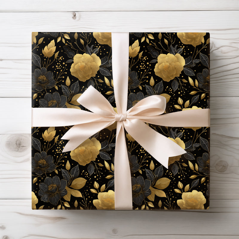 Noctegold Bloom – Black and gold foil floral seamless wrapping paper