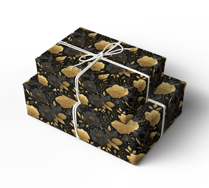 Noctegold Bloom – Black and gold foil floral seamless wrapping paper