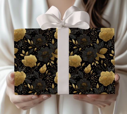 Noctegold Bloom – Black and gold foil floral seamless wrapping paper