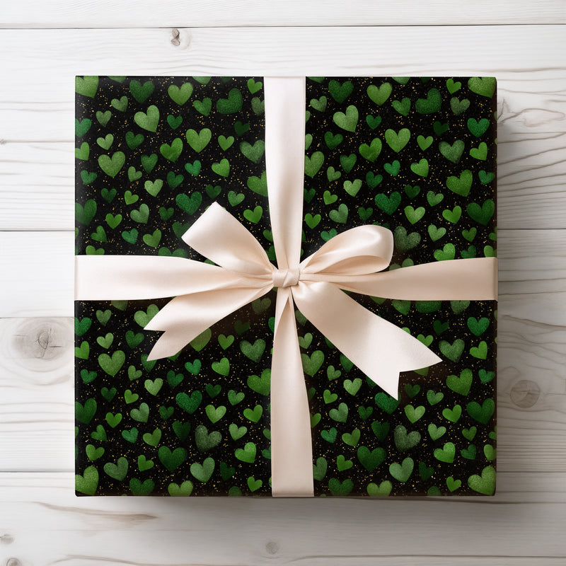 Emeraldwish Spark - Green Glitter Hearts on Black Luxury wrapping paper