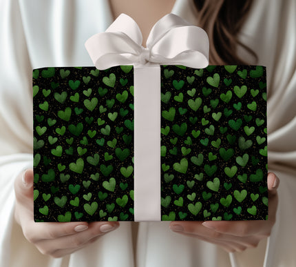 Emeraldwish Spark - Green Glitter Hearts on Black Luxury wrapping paper