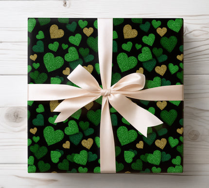 Green Gold Glitter Hearts wrapping paper 