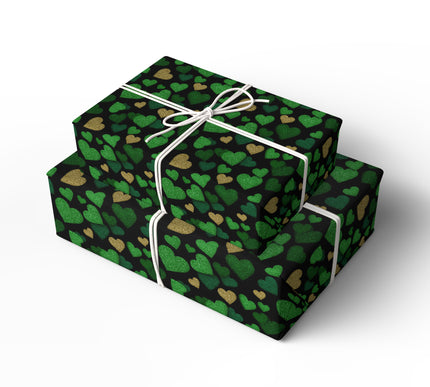 Verdant Glowhearts – Green & Gold Glitter Hearts Festive wrapping paper