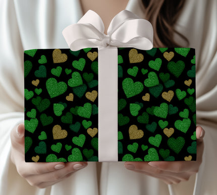 Verdant Glowhearts – Green & Gold Glitter Hearts Festive wrapping paper