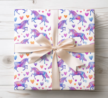 Colorful unicorn Valentine wrapping paper 