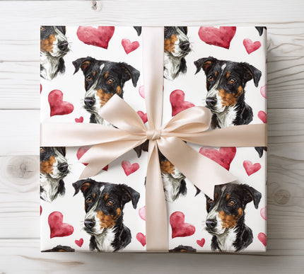 Cute watercolor Appenzeller Sennenhunde wrapping paper with expressive faces and heart motifs. Ideal for Appenzeller Sennenhunde owners, birthdays, romantic occasions, and pet-themed wrapping paper. 