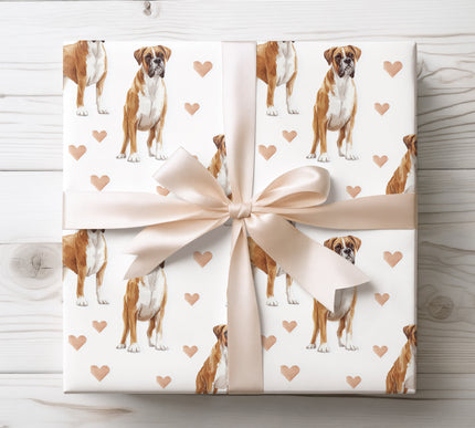 High quality seamless wrapping paper showcasing a Boxer dog illustrated in a warm watercolor style with soft heart motifs. Ideal for Boxer owners, dog lovers, Valentine’s Day gifts, birthdays, and meaningful pet themed celebrations. Elegant white background and breed accurate coloring. 