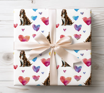 Beautiful seamless watercolor wrapping paper showcasing a sweet Boykin Spaniel dog with colorful heart accents. Ideal Valentine wrapping paper for Boykin Spaniel owners, spaniel lovers, pet-themed gifts, and cheerful dog wrapping paper designs on a bright white background. 