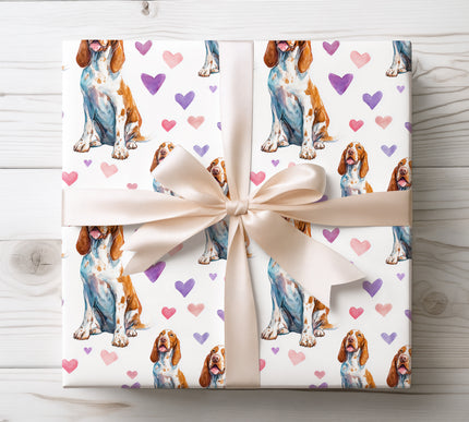 Romantic watercolor Bracco Italiano dog wrapping paper with detailed, realistic Bracco Italiano portraits and soft heart elements. A unique gift wrap for Bracco Italiano owners, hunting dog lovers and Italian dog breed fans. Perfect for birthdays, Valentine’s Day, anniversaries and dog-themed gifts. 
