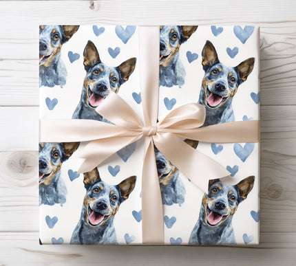 Elegant seamless watercolor wrapping paper featuring a happy Blue Lacy dog paired with soft blue heart elements. Perfect Valentine wrapping paper for Blue Lacy fans, active dog breed lovers, romantic pet gifts, and modern dog-themed wrapping paper designs with a clean white background. 
