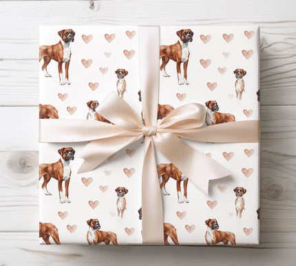 Bold and warm Boxer dog wrapping paper featuring a realistic watercolor Boxer with soft neutral heart details. Perfect gift wrap for Boxer owners, dog lovers, birthdays, Valentine’s Day, and pet-themed presents. High-quality Boxer wrapping paper. 
