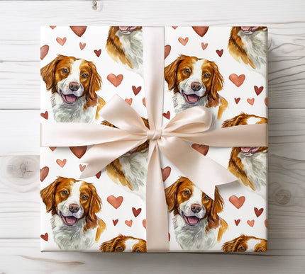 Seamless watercolor wrapping paper featuring a joyful Brittany dog paired with warm 