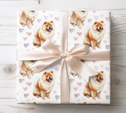 Premium watercolor Chow Chow dog wrapping paper featuring realistic fluffy Chow Chow illustrations with soft pastel hearts on a clean white background. Perfect gift wrap for Chow Chow lovers, dog owners, birthdays, holidays, and special occasions. High-quality seamless dog wrapping paper. 