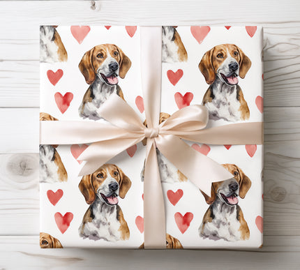 Cute watercolor American Foxhound wrapping paper with warm tones and playful heart details. Perfect for American Foxhound lovers, birthdays, romantic occasions, and pet-themed wrapping paper. 
