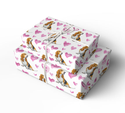 Gentleears Romance – Basset Hound watercolor hearts wrapping paper