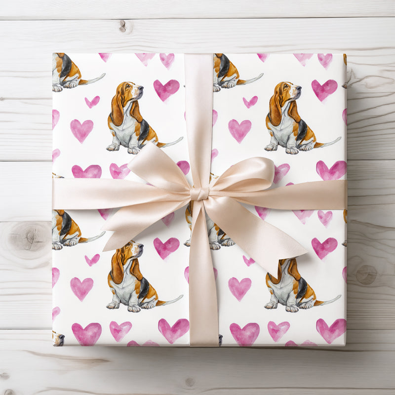 Gentleears Romance – Basset Hound watercolor hearts wrapping paper