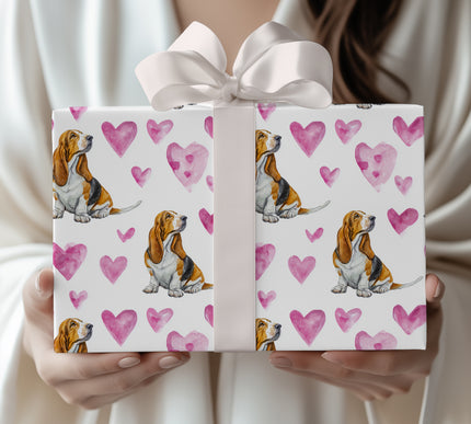Gentleears Romance – Basset Hound watercolor hearts wrapping paper