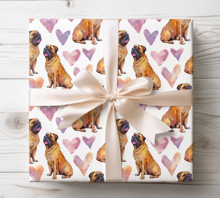 Seamless watercolor wrapping paper featuring a strong yet gentle Boerboel dog paired with soft romantic hearts. Perfect Valentine wrapping paper for Boerboel owners, large breed dog lovers, pet-themed gifts, and elegant dog wrapping paper designs with a clean white background.
