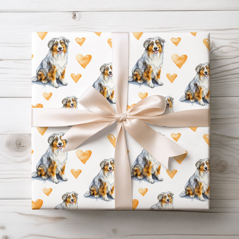 Goldenhearted Herd – Australian Shepherd watercolor hearts wrapping paper