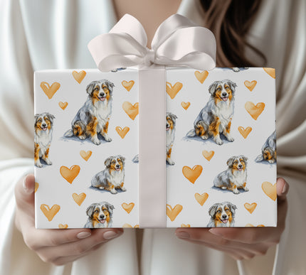 Goldenhearted Herd – Australian Shepherd watercolor hearts wrapping paper