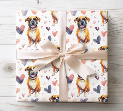 Premium seamless wrapping paper with a joyful Boxer dog illustrated in natural watercolor colors and soft hearts. Perfect for Boxer lovers, dog parents, romantic occasions, Valentine’s Day wrapping, and pet themed gift presentations. Bright white background and warm artistic style. 