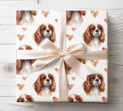 Elegant Cavalier King Charles Spaniel wrapping paper with a detailed watercolor portrait and romantic heart pattern. Ideal gift wrap for Cavalier King Charles Spaniel owners, dog lovers, Valentine’s Day, birthdays, and holidays. Soft, premium dog breed wrapping paper with a timeless look. 