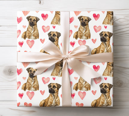 High quality seamless watercolor wrapping paper featuring a Black Mouth Cur dog with soft hand painted hearts. Perfect gift wrap for dog lovers, Black Mouth Cur owners, birthdays, Valentine’s Day, holidays, and pet themed presents. Elegant white background, realistic breed colors, romantic design. 