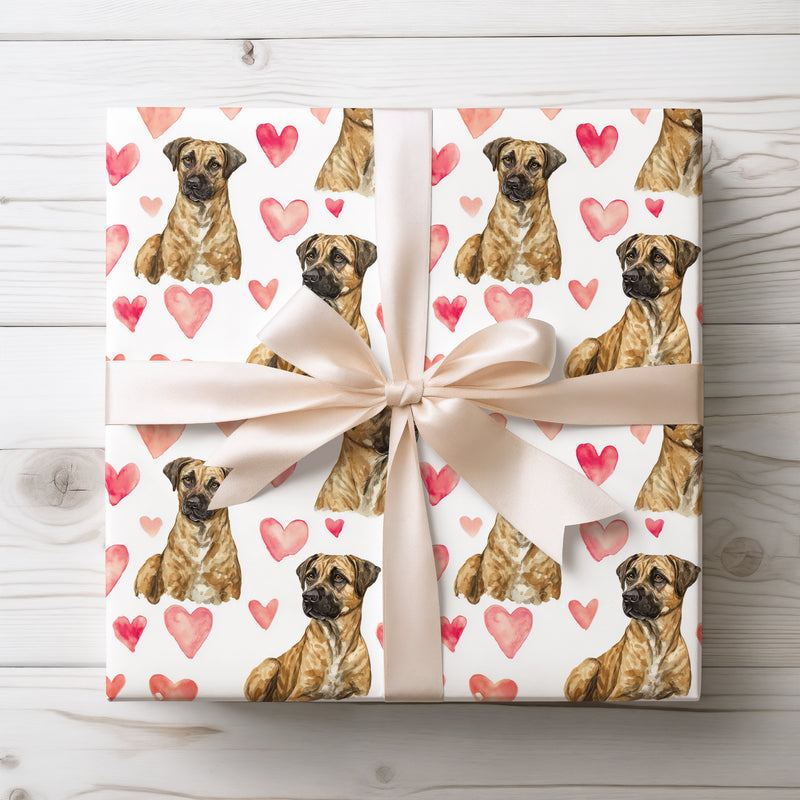 Heartwood Gaze – Black Mouth Cur watercolor hearts wrapping paper