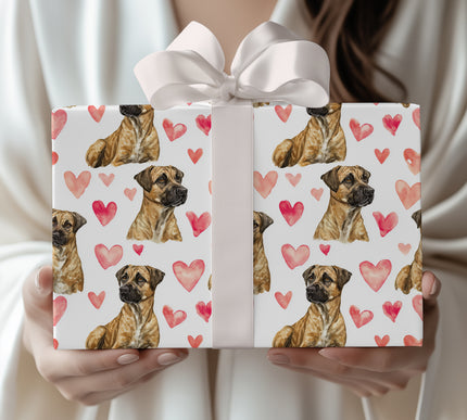 Heartwood Gaze – Black Mouth Cur watercolor hearts wrapping paper