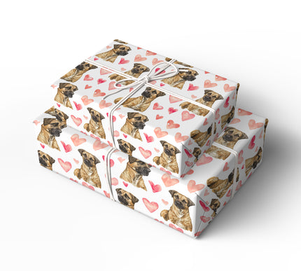 Heartwood Gaze – Black Mouth Cur watercolor hearts wrapping paper