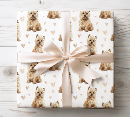 Soft and charming Cairn Terrier wrapping paper featuring a realistic watercolor Cairn Terrier with warm beige heart accents. Perfect gift wrap for Cairn Terrier owners, small dog lovers, birthdays, Valentine’s Day, and cozy pet-themed gifts. Premium Cairn Terrier wrapping paper. 
