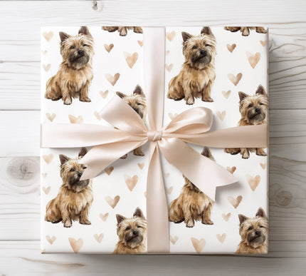 Warm and charming Cairn Terrier wrapping paper featuring a realistic watercolor Cairn Terrier dog with soft beige heart accents. Perfect gift wrap for Cairn Terrier owners, small dog lovers, birthdays, Valentine’s Day and cozy dog-themed gifts. Premium quality wrapping paper. 