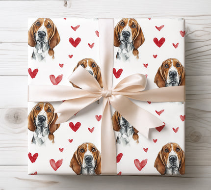 Watercolor American English Coonhound wrapping paper featuring expressive Coonhound portraits with red heart accents. Perfect for American English Coonhound lovers, dog-themed gifts, Valentine’s Day, birthdays, and premium wrapping paper. 