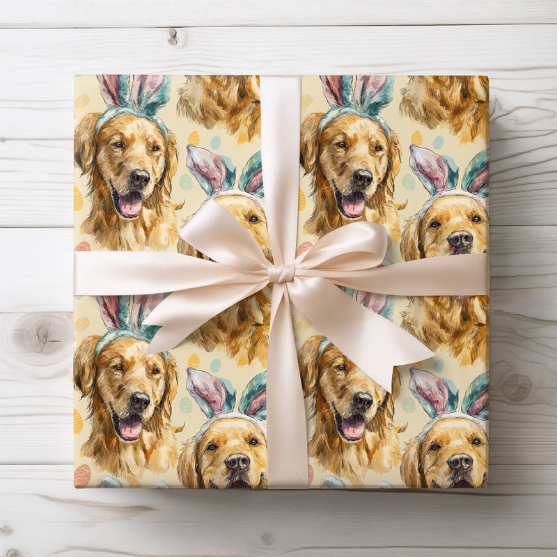 Hoppypaws – Easter Golden Retriever Bunny Ears Wrapping Paper (Pastel Beige)