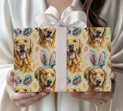 Hoppypaws – Easter Golden Retriever Bunny Ears Wrapping Paper (Pastel Beige)