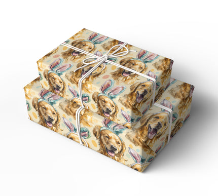 Hoppypaws – Easter Golden Retriever Bunny Ears Wrapping Paper (Pastel Beige)