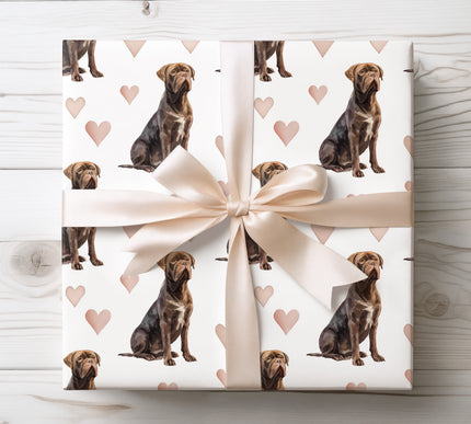 Powerful Cane Corso wrapping paper featuring a detailed watercolor Cane Corso dog paired with subtle neutral heart accents. Perfect gift wrap for Cane Corso owners, guardian breed lovers, birthdays, Valentine’s Day and premium dog gifts. High-quality Cane Corso wrapping paper. 