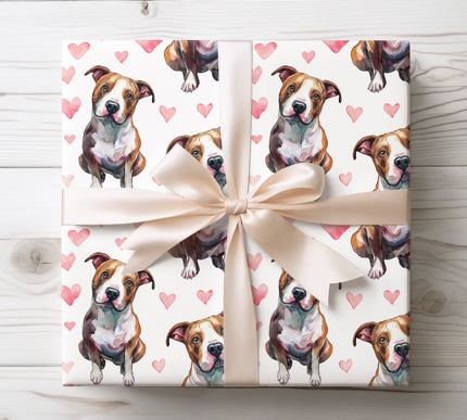 Colorful watercolor American Pit Bull Terrier wrapping paper with expressive Pit Bull portraits and soft hearts. Ideal for American Pit Bull Terrier lovers, dog-themed gifts, Valentine’s Day, and premium wrapping paper. 