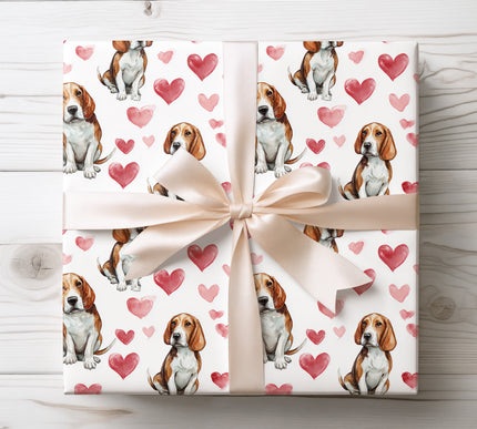Beautiful Beagle wrapping paper with a detailed watercolor Beagle illustration and playful heart accents. Perfect for Beagle owners, dog moms and dads, Valentine’s Day gifts, birthdays, and pet-inspired celebrations. Seamless Beagle dog breed wrapping paper on a clean white background. 