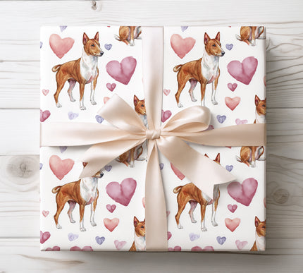 Elegant Basenji wrapping paper with a refined watercolor Basenji illustration and gentle heart accents. Perfect for Basenji owners, dog lovers, Valentine’s Day gifts, and unique breed-specific wrapping. Seamless Basenji wrapping paper with a minimalist watercolor feel. 