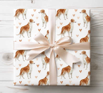 Elegant watercolor Borzoi dog wrapping paper showcasing graceful Borzoi illustrations with soft neutral hearts. Perfect for Borzoi owners, sighthound lovers, dog-themed gifts, birthdays, weddings, and romantic occasions. Premium decorative wrapping paper with a refined, artistic look. 