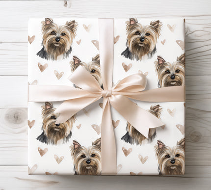 Seamless watercolor wrapping paper featuring a charming Australian Silky Terrier dog surrounded by soft neutral hearts. Perfect Valentine wrapping paper for Australian Silky Terrier lovers, small dog owners, romantic pet gifts, and elegant dog-themed gift wrapping. Clean white background with refined hand-painted watercolor details. 