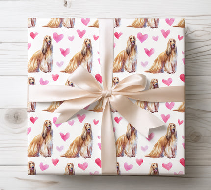 Elegant watercolor Afghan Hound wrapping paper with flowing long fur and soft heart accents. Ideal for Afghan Hound owners, dog lovers, Valentine’s Day gifts, and luxury dog-themed wrapping paper. 