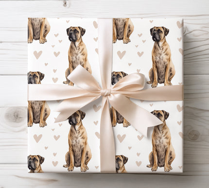 Bold yet elegant watercolor Bullmastiff wrapping paper showcasing realistic coat colors and soft neutral heart elements. Seamless repeating design on white, ideal for Bullmastiff lovers, dog parents, romantic gifting, birthdays, holidays, and premium pet themed wrapping paper. 