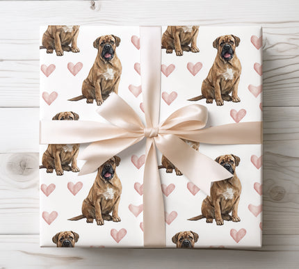 Seamless watercolor wrapping paper featuring a gentle and powerful Boerboel dog surrounded by soft pastel hearts. Perfect Valentine wrapping paper for Boerboel owners, large breed dog lovers, romantic pet gifts, and elegant dog-themed gift wrapping. Clean white background with refined hand-painted watercolor style. 