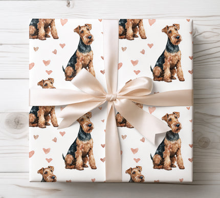 Watercolor Airedale Terrier wrapping paper featuring a classic Airedale Terrier with soft heart details. Perfect for Airedale Terrier lovers, dog birthday gifts, Valentine’s Day wrapping, and pet-themed gift wrap. 